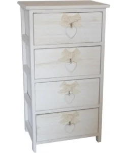 Ultimissimo Modello Cassettiera armonia "white washed" 4 cassetti cuore e fiocchi in legno di paulownia 40x29x73 cm